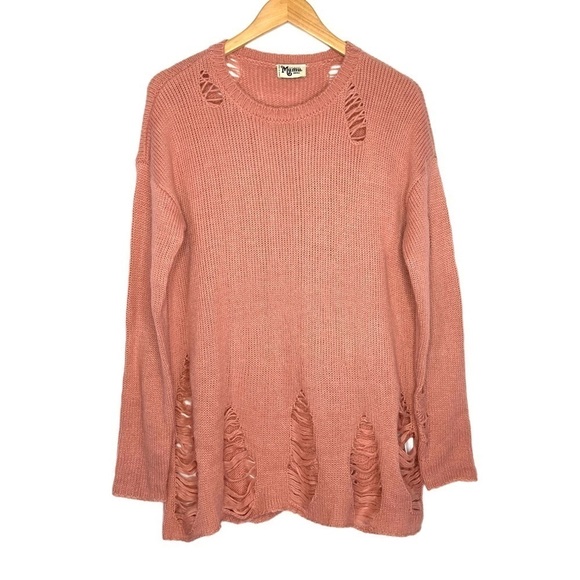 Show Me Your Mumu Tamaya Tunic Distressed Sweater Size Small Pink Long Sleeve - Picture 3 of 9